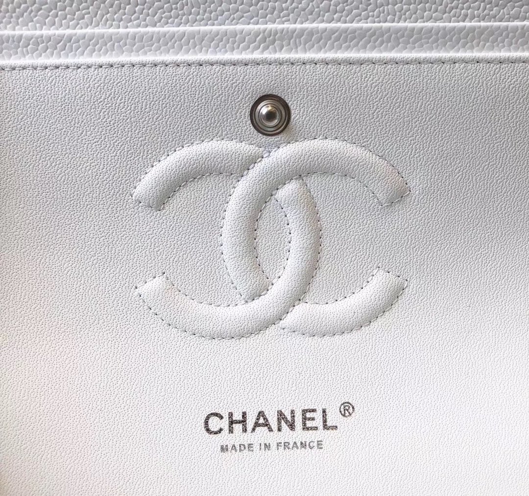 Ch**el Classic Medium Flapbag Silver Hardware White 10in/25.5cm