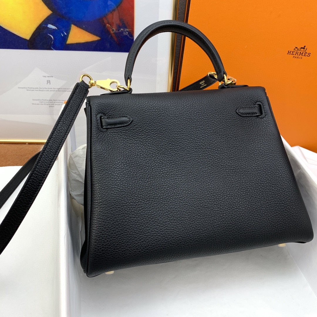 H**me5 Kelly 25 Retourne Togo Black Bag For Women, Women’s Handbags, Shoulder Bags 10in/25cm