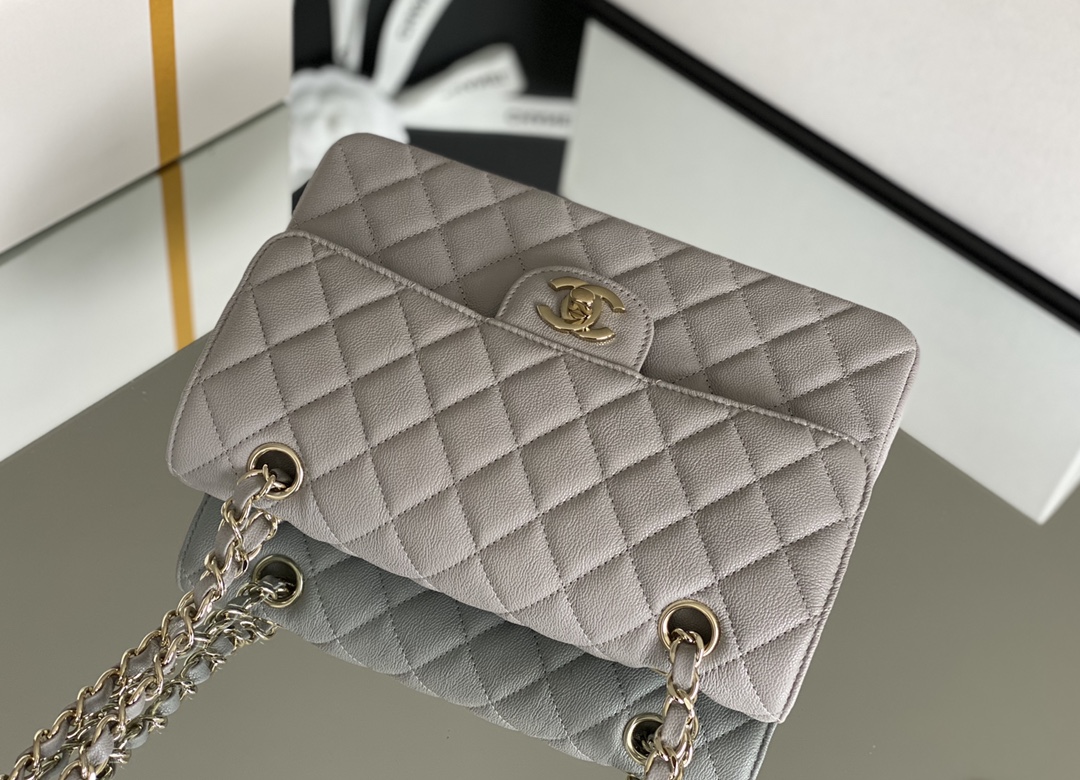 Ch**el Classic Handbag 26cm Grey GOLD Hardware For Women A01112