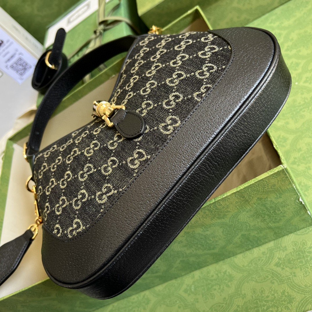 Gvc*1 Jackie 1961 Small Shoulder Bag Black And Ivory GG Denim Jacquard For Women 11in/28cm 678843 UN3AG 1294