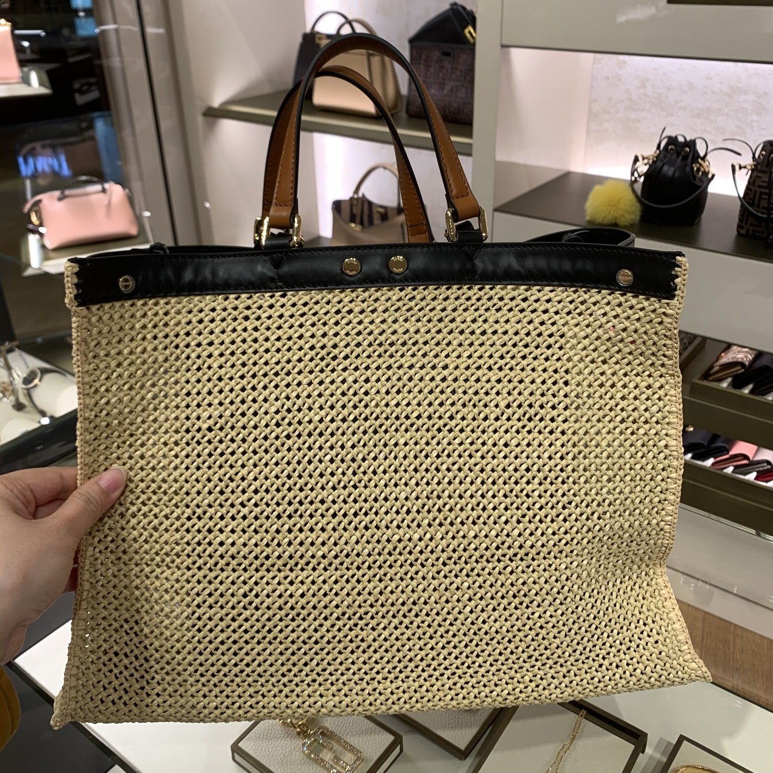 F**di Peekaboo X-tote Medium Woven Straw Tote Bag For Women, Women’s Handbags 16.1in/41cm FF