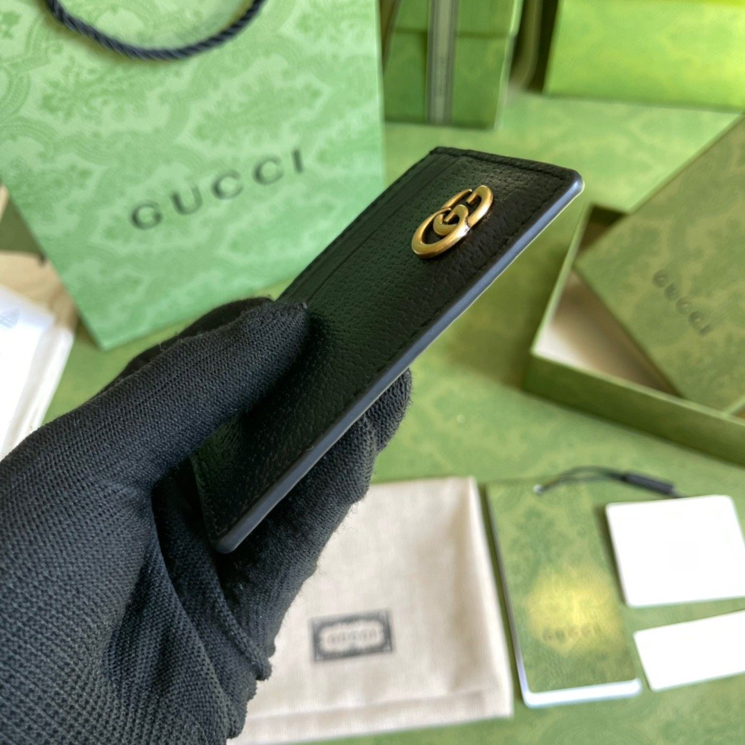 Gvc*1 GG Marmont Card Case Rough Black Gold Toned Hardware For Men 4in/10cm 436022 DJ20T 1000