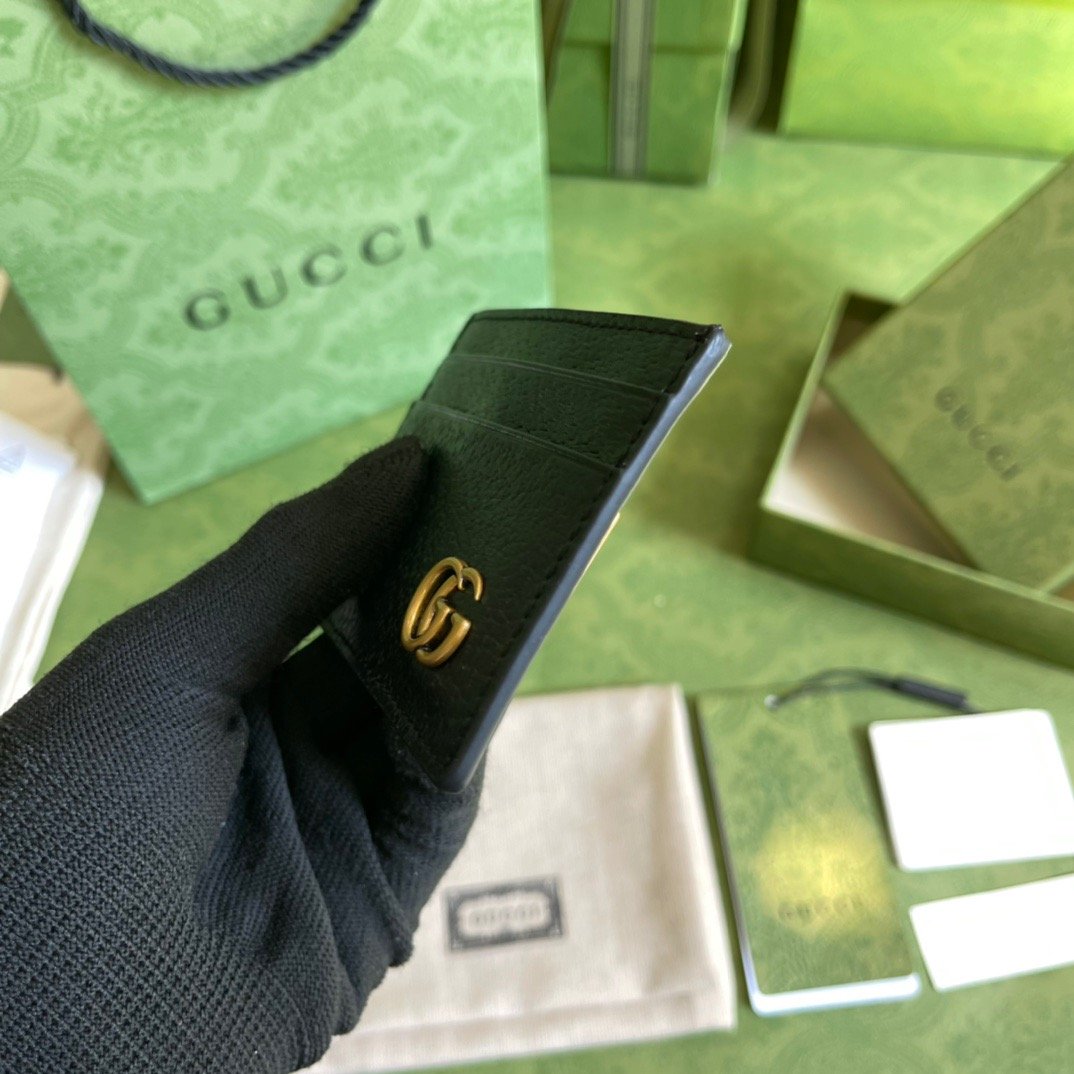 Gvc*1 GG Marmont Card Case Rough Black Gold Toned Hardware For Men 4in/10cm 436022 DJ20T 1000