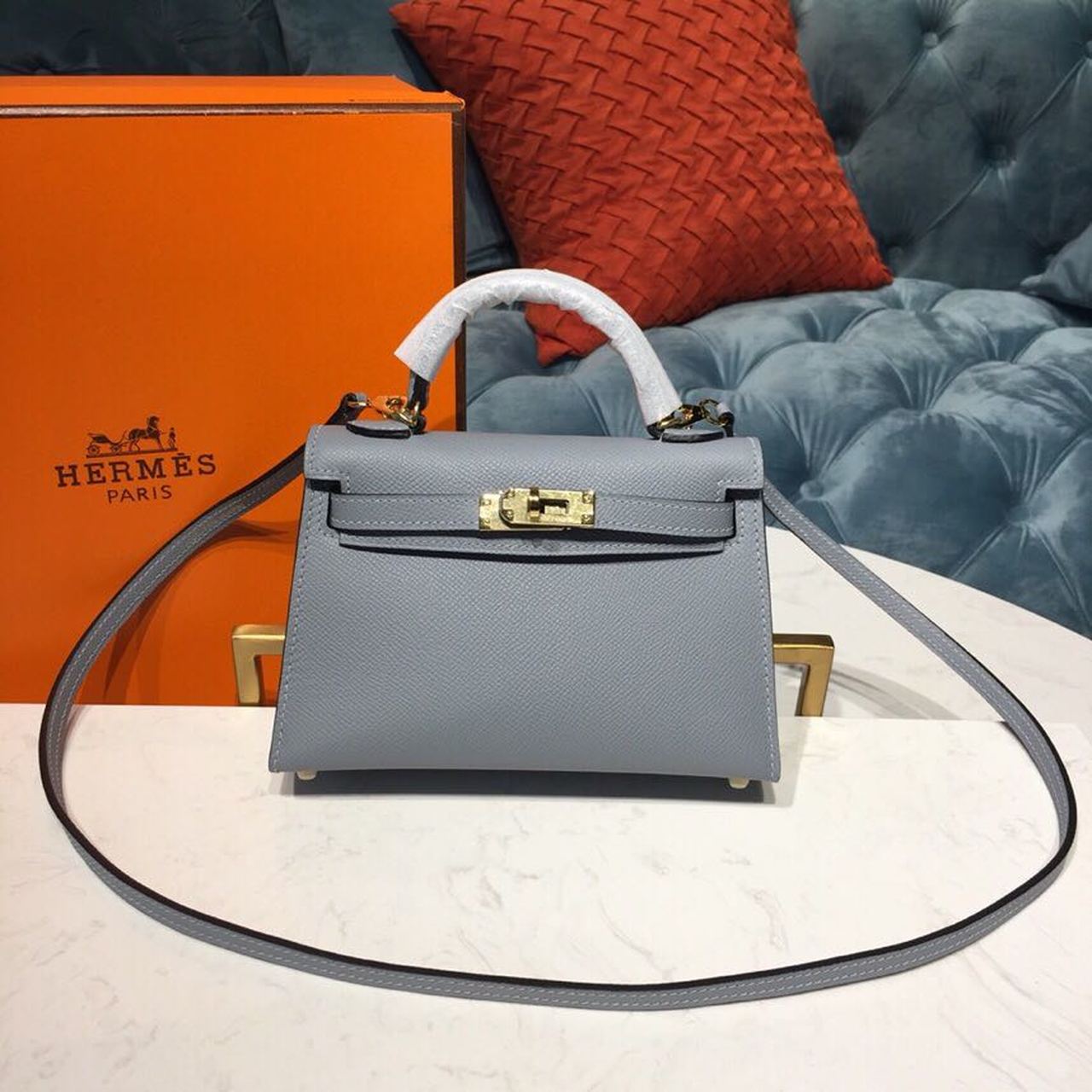 H**me5 Mini Kelly Light Blue For Women Gold Toned Hardware 7.5in/19cm