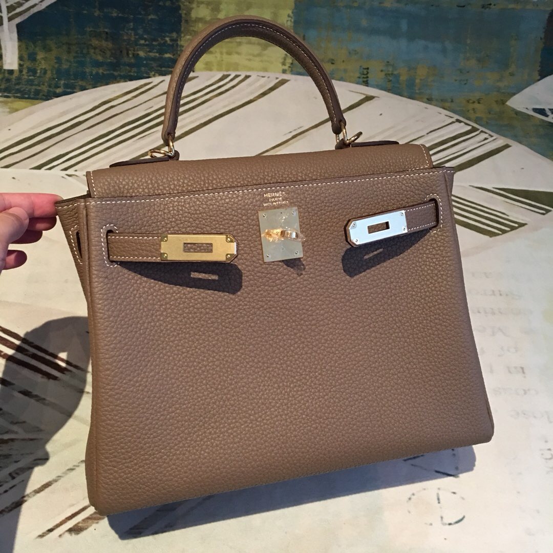 H**me5 Kelly 28 Greige Bag With Gold Toned Harware For Women, Women’s Handbags, Shoulder Bags 11in/28cm