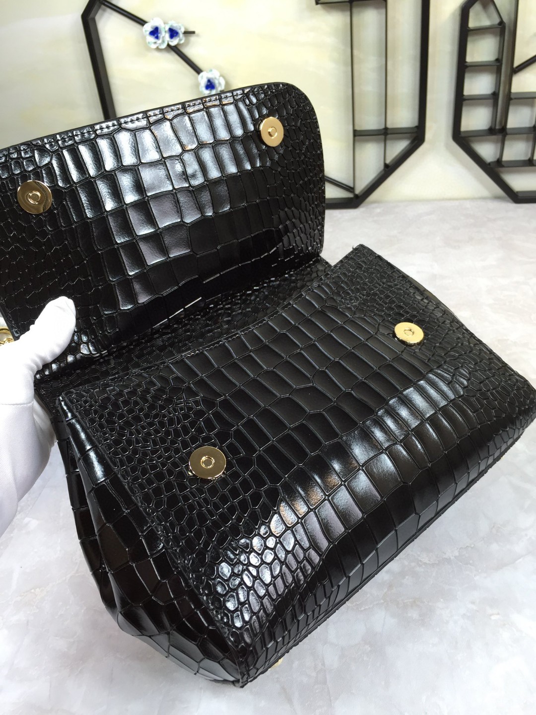 Dolce & Gabbana Medium Sicily Bag In Foiled Crocodile-Print Black For Women 10.2in/26cm DG