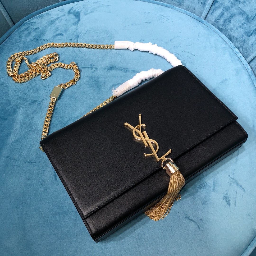 Sa1nt Lau*nt Kate Medium Chain Bag With Tassel In Grain De Poudre Black For Women 9.4in/24cm Y51 354119BOW0J1000
