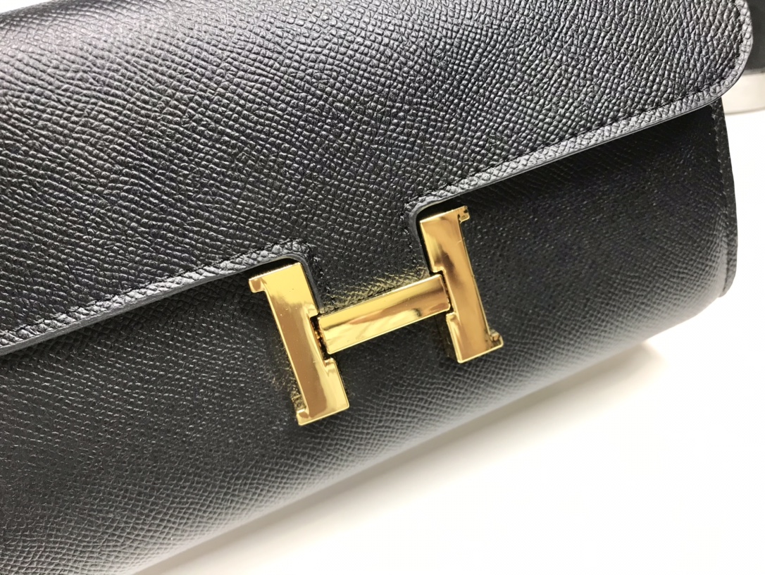 H**me5 Constance Togo Long Wallet 21cm/8.3in Gold Toned Hardware For Women Black