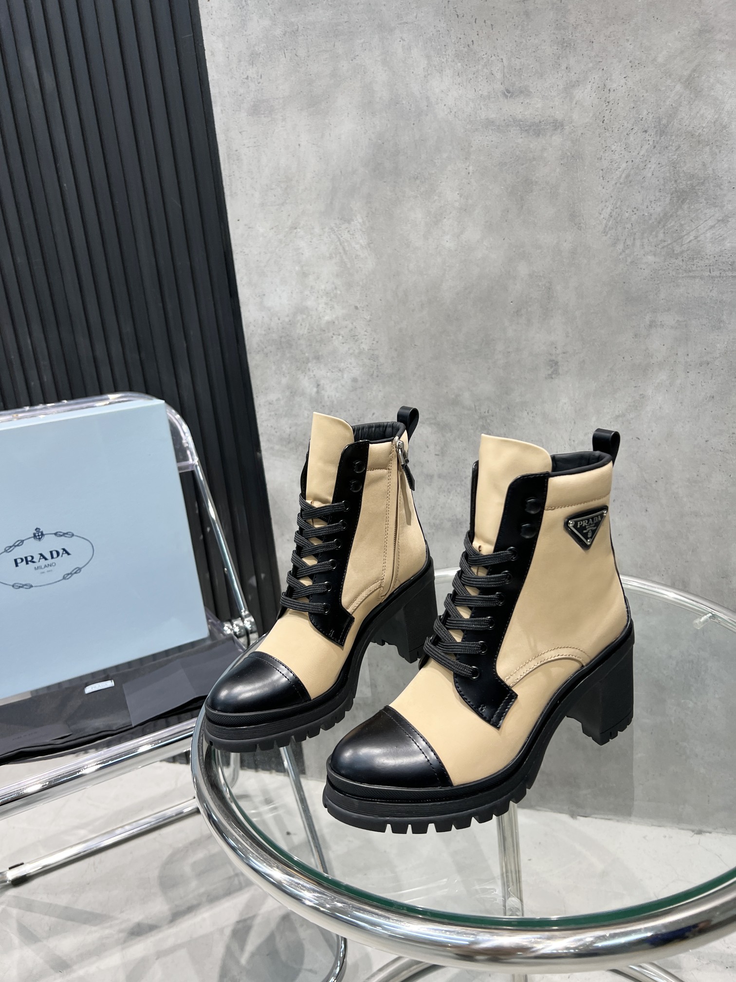 Pra*a Tronchetti Lace-Up Boots Beige For Women PRD