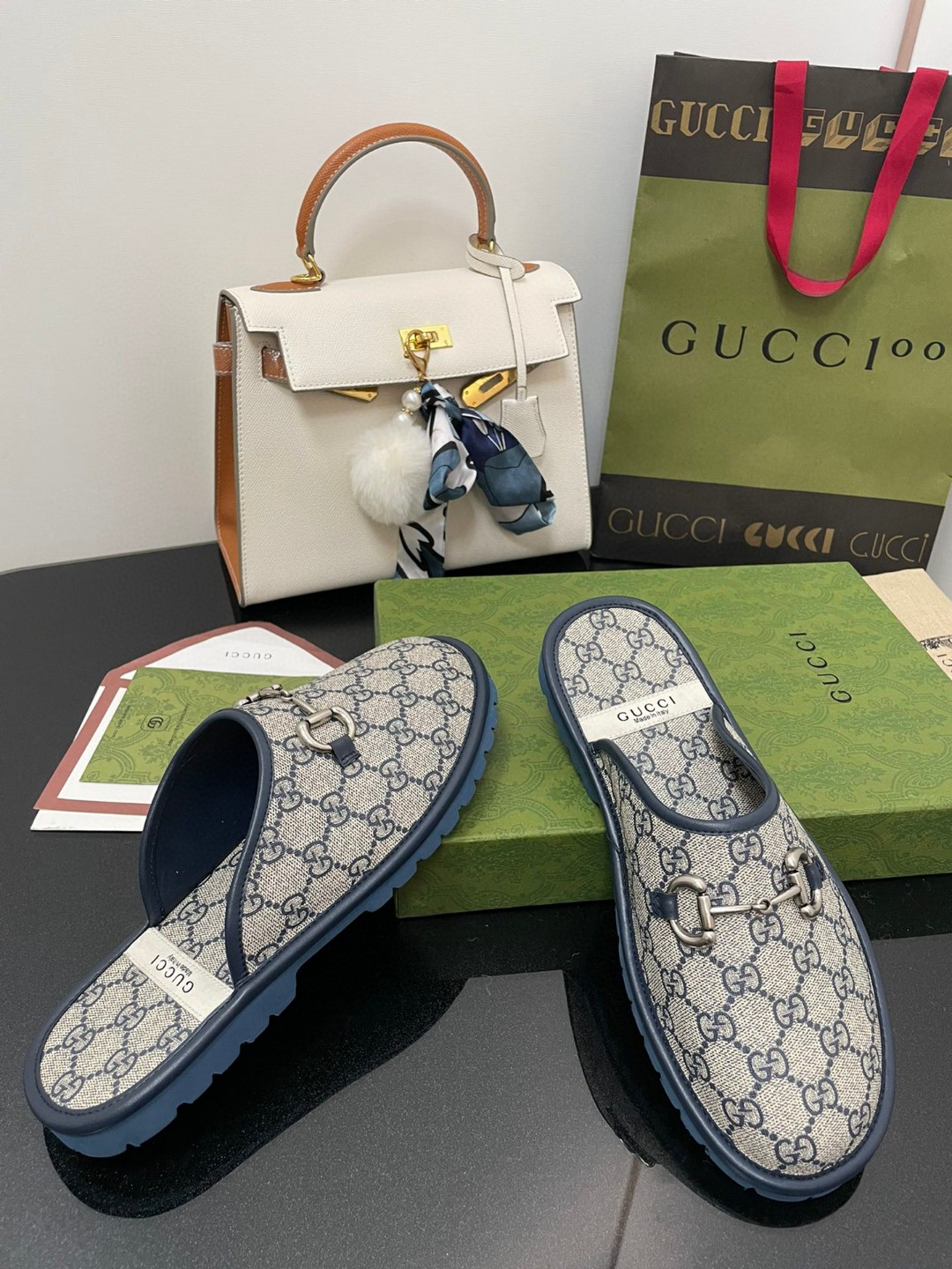 Gvc*1 Men’s GG Slipper With Horsebit Blue For Men GG Shoes 694249 96G60 4073