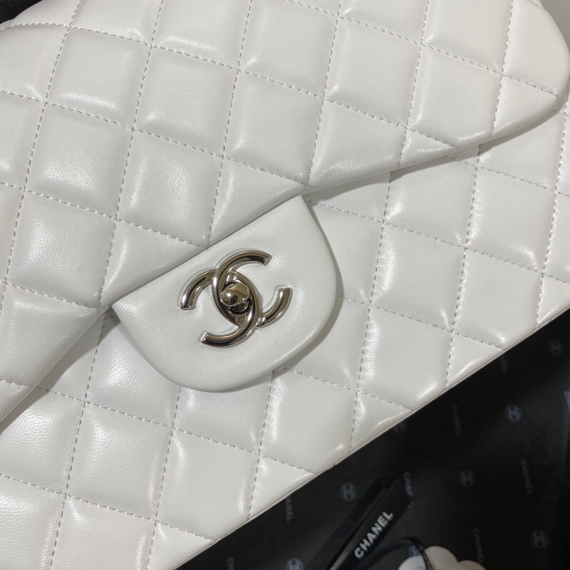 Ch**el Large Classic Handbag Silver Hardware White For Women, Women’s Handbags, Shoulder Bags 11.8in/30cm
