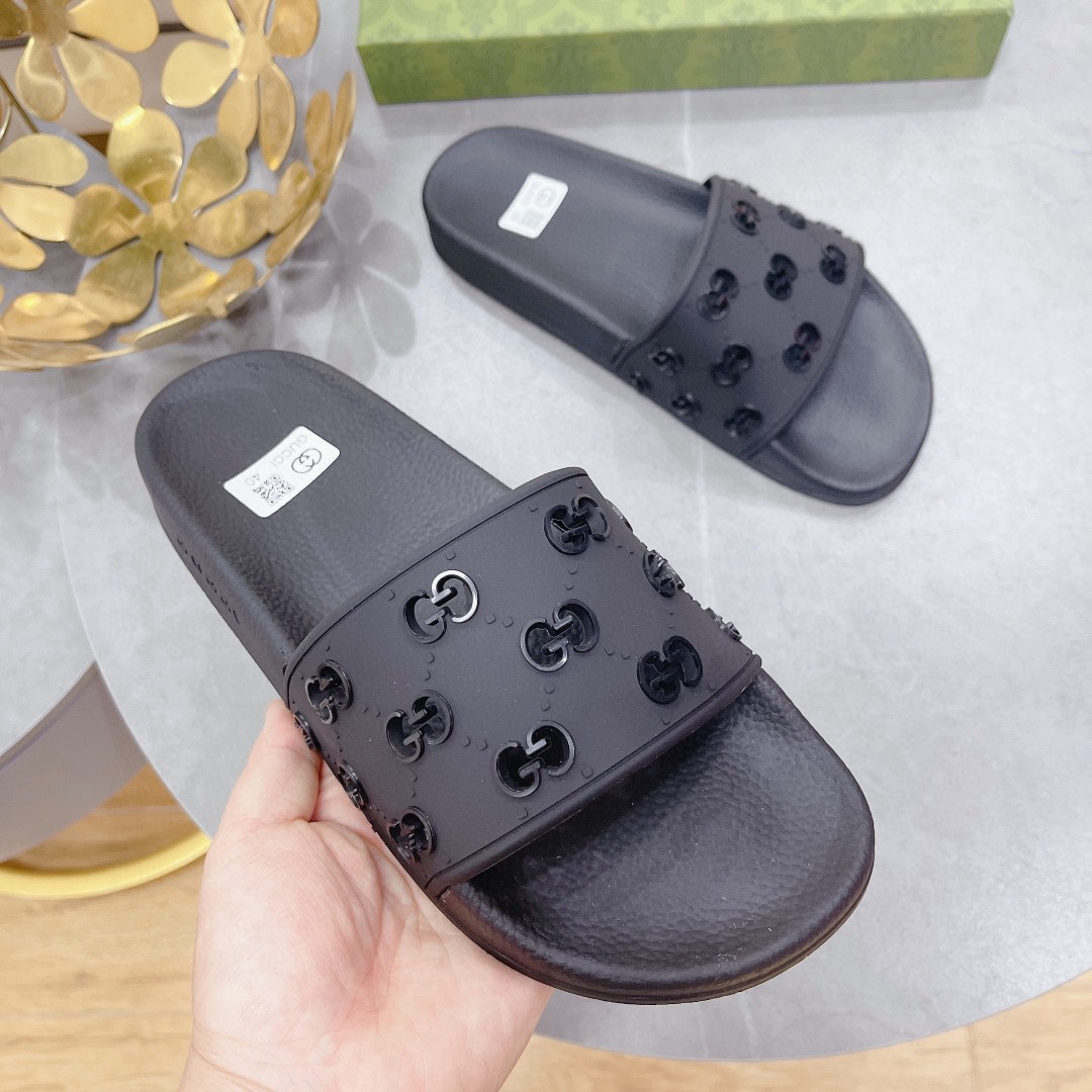 Gvc*1 Women’s Rubber GG Slide Sandals Black For Women 573922 JDR00 1000