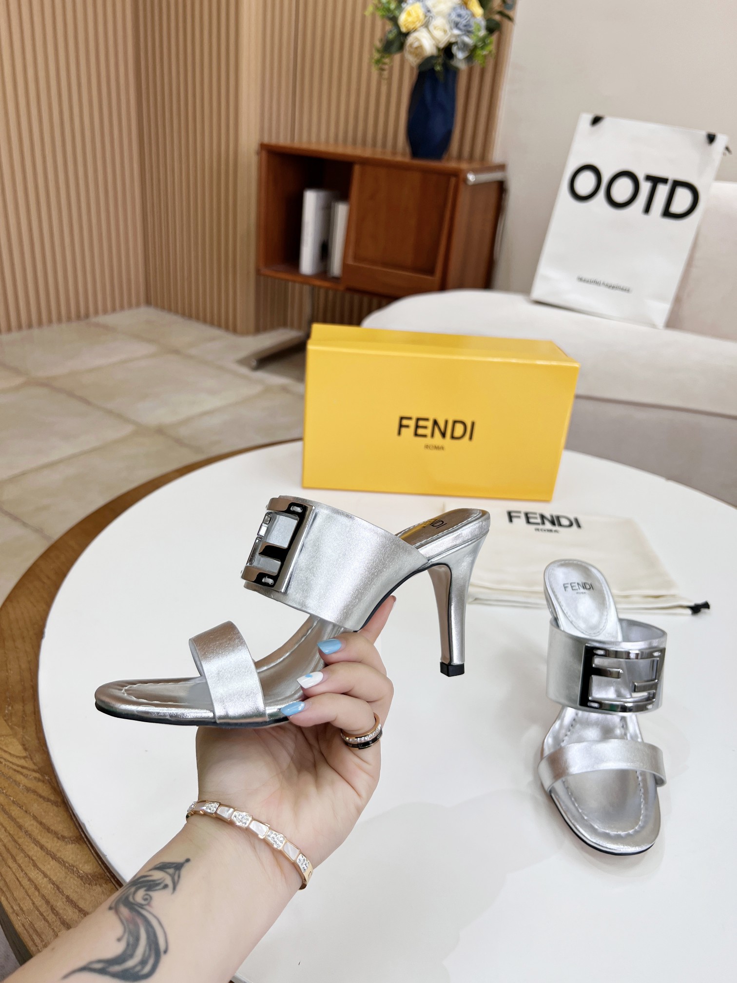 F**di Baguette Silver Heels For Women