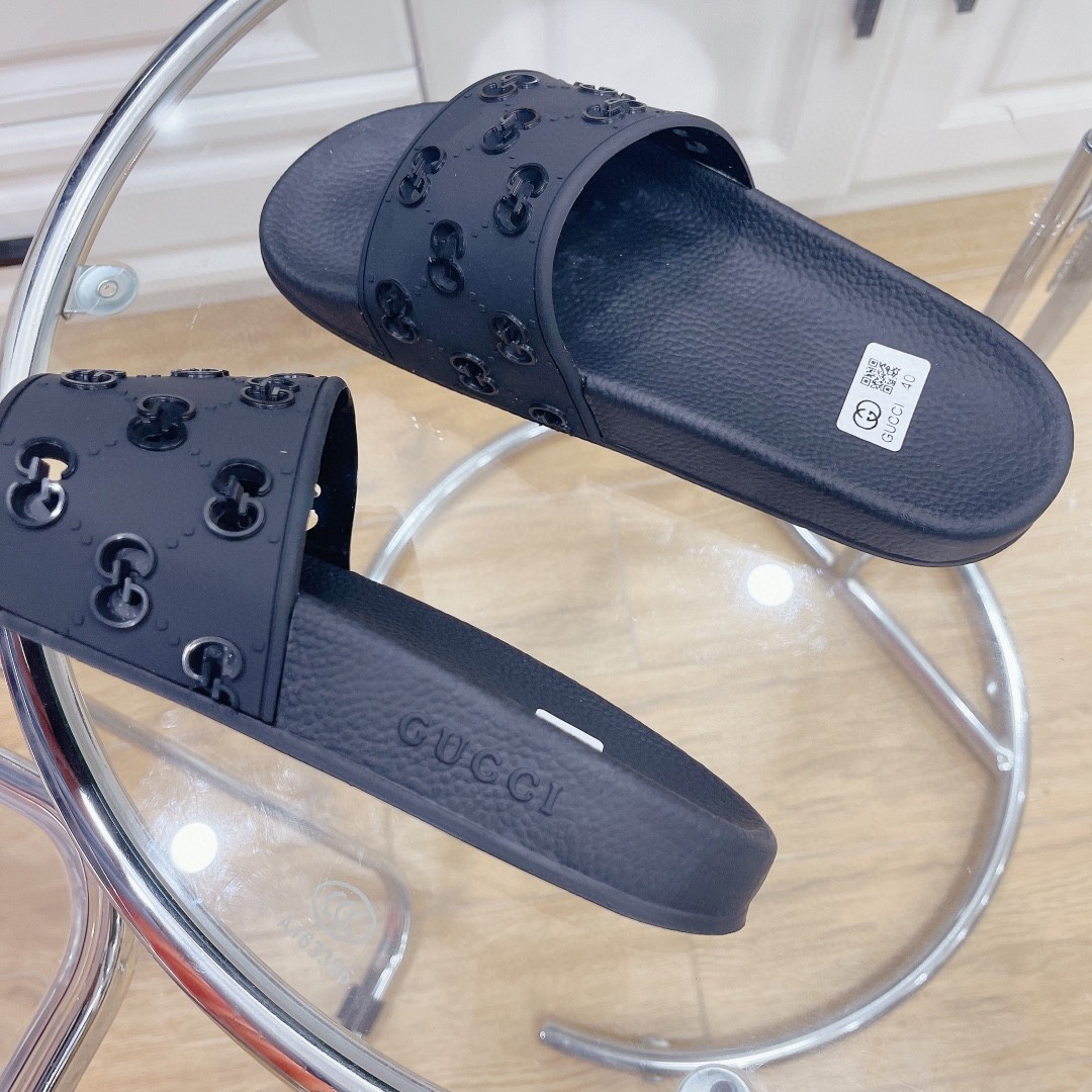 Gvc*1 Women’s Rubber GG Slide Sandals Black For Women 573922 JDR00 1000