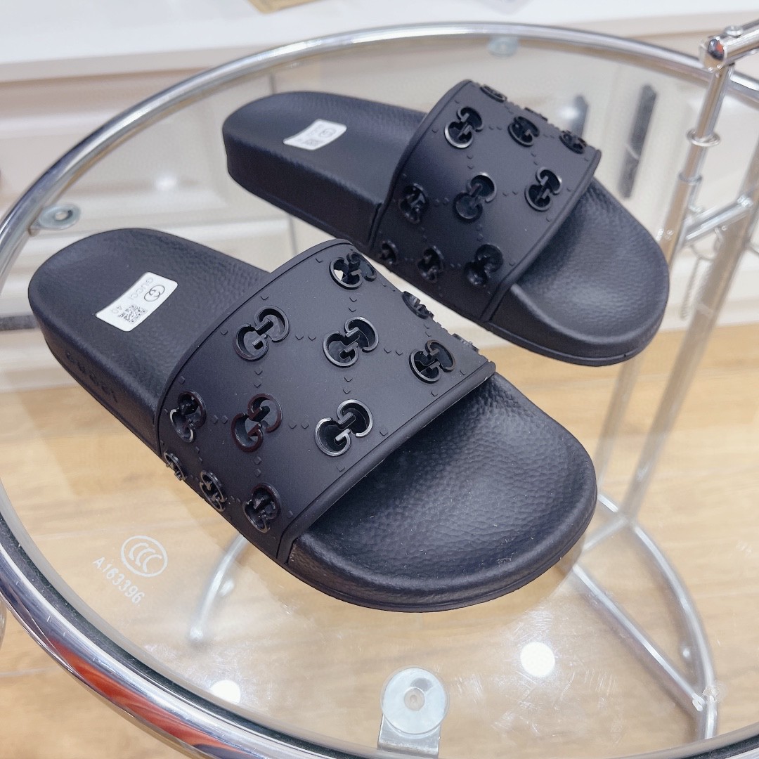 Gvc*1 Women’s Rubber GG Slide Sandals Black For Women 573922 JDR00 1000