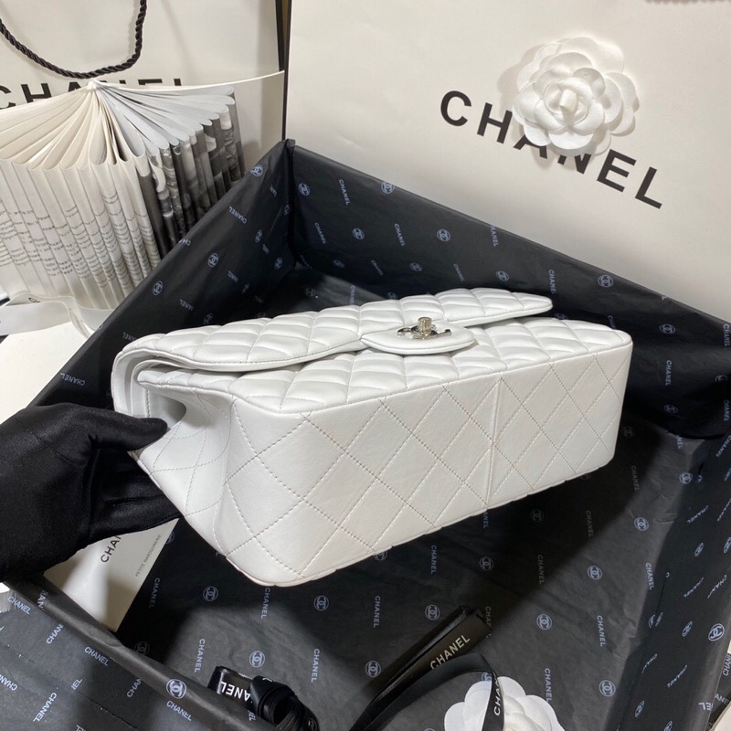 Ch**el Large Classic Handbag Silver Hardware White For Women, Women’s Handbags, Shoulder Bags 11.8in/30cm