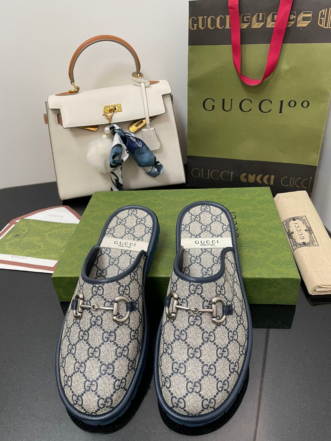 Gvc*1 Men’s GG Slipper With Horsebit Blue For Men GG Shoes 694249 96G60 4073
