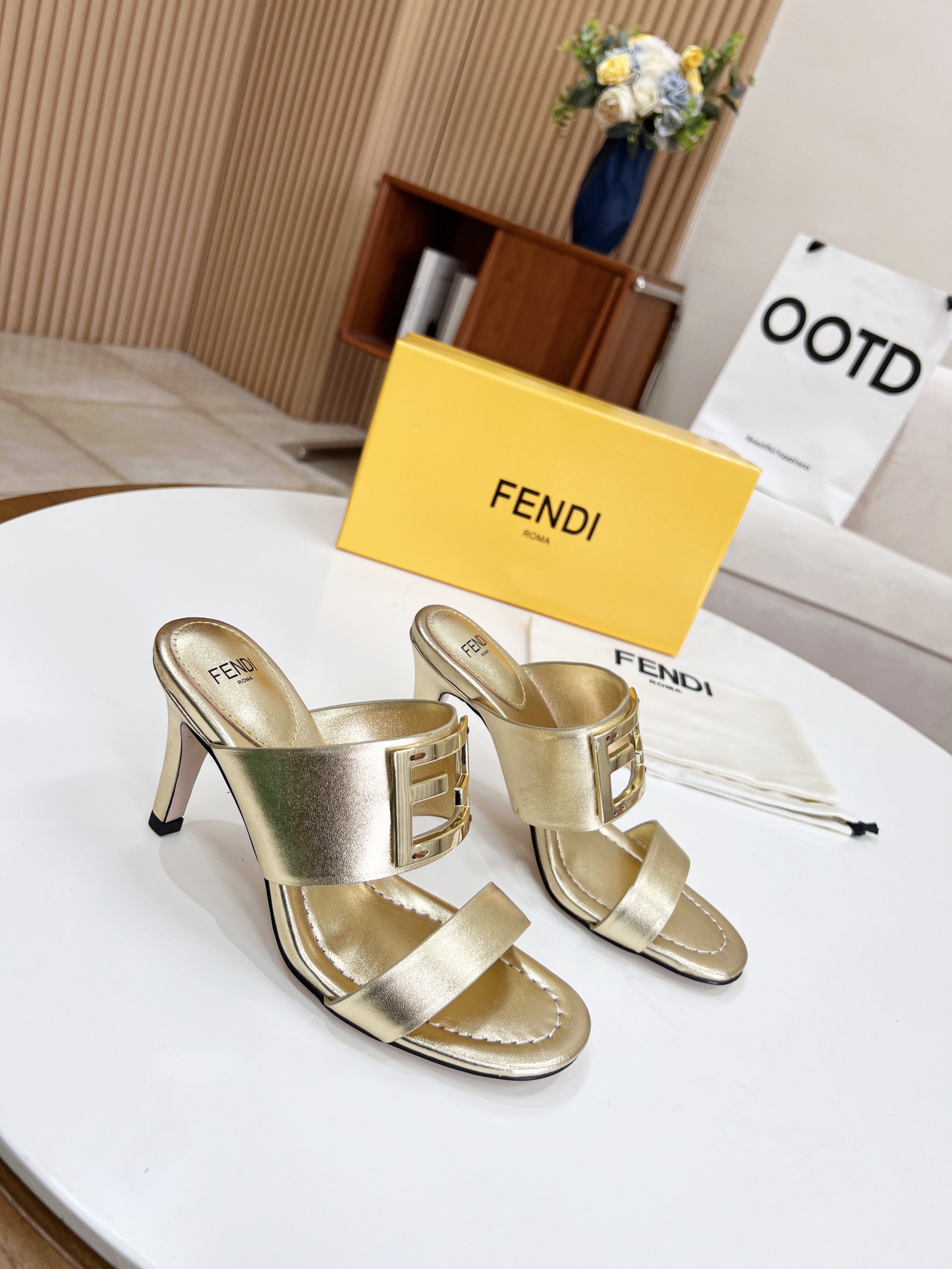F**di Baguette Gold Heels For Women