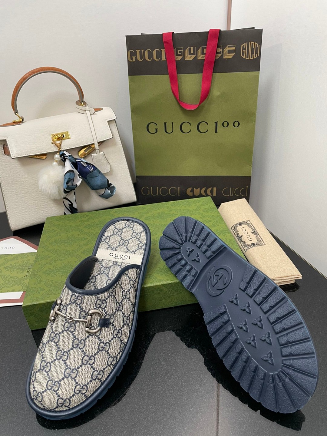 Gvc*1 Men’s GG Slipper With Horsebit Blue For Men GG Shoes 694249 96G60 4073