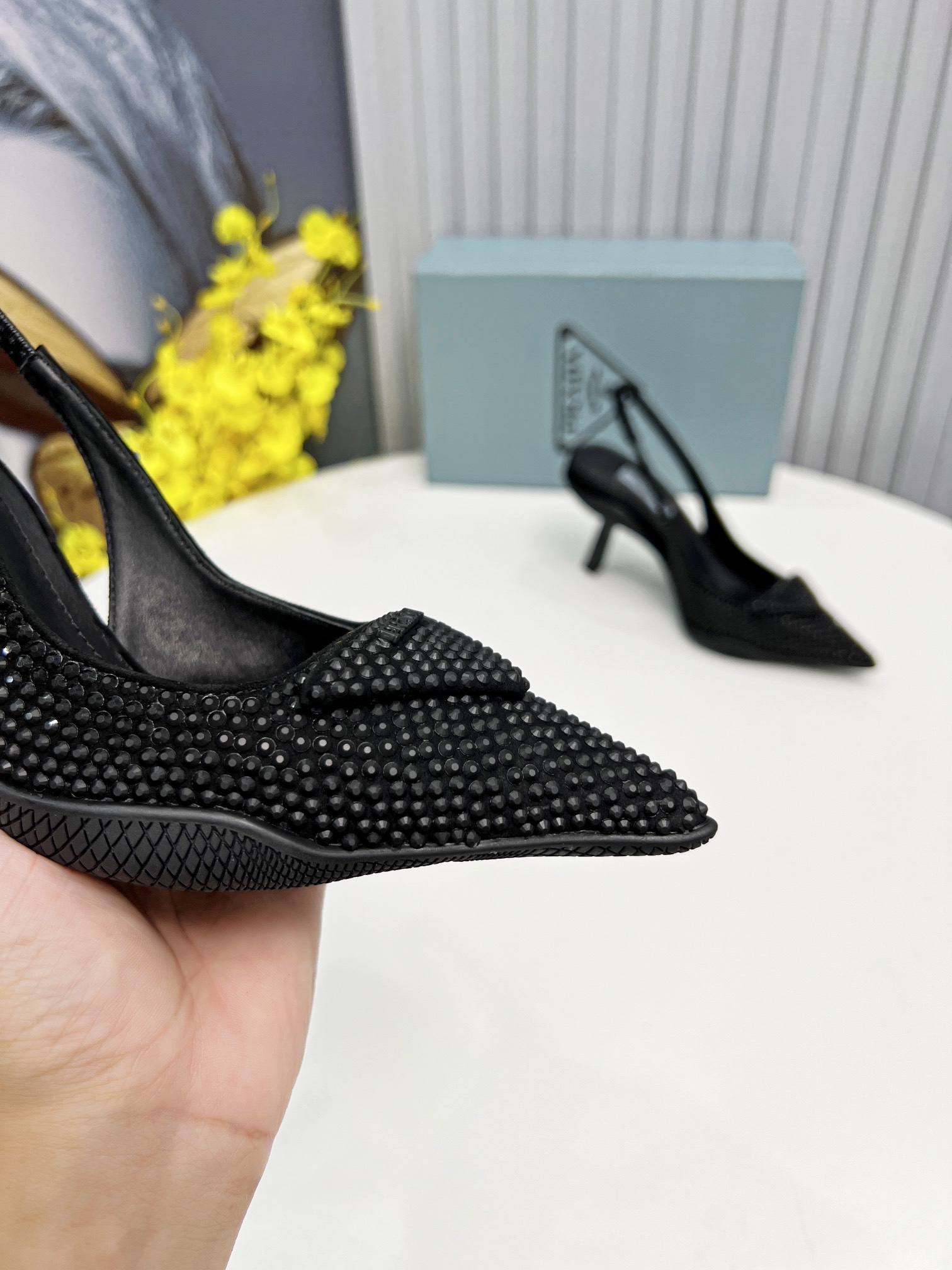 Pra*a Satin Slingback Pumps With Crystals Black For Women 2.2in/55mm PRD