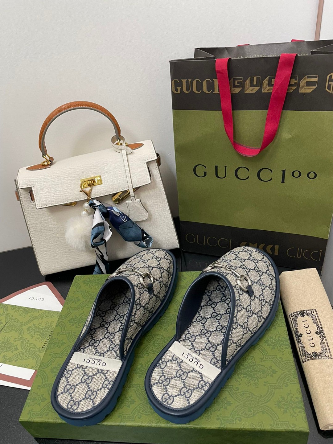Gvc*1 Men’s GG Slipper With Horsebit Blue For Men GG Shoes 694249 96G60 4073