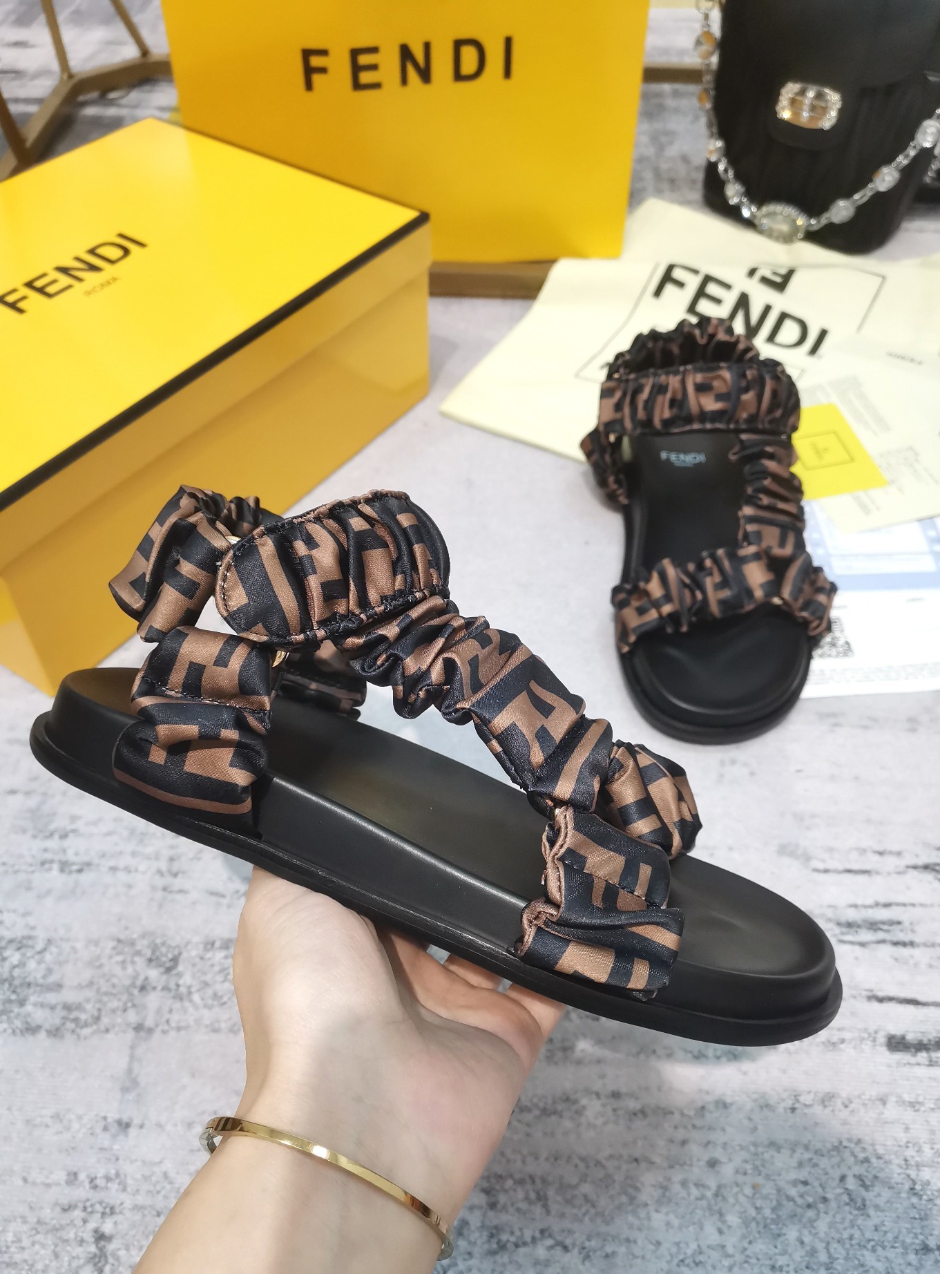 F**di Feel Brown Satin Sandals For Women 8X8291AE7SF0R7V
