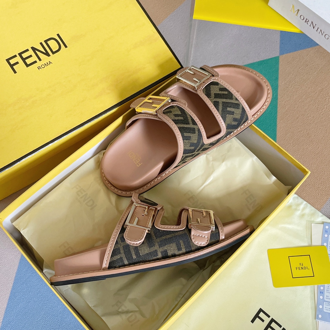 F**di Feel Brown FF Fabric Slides For Women 8X8326AEGVF1HHG