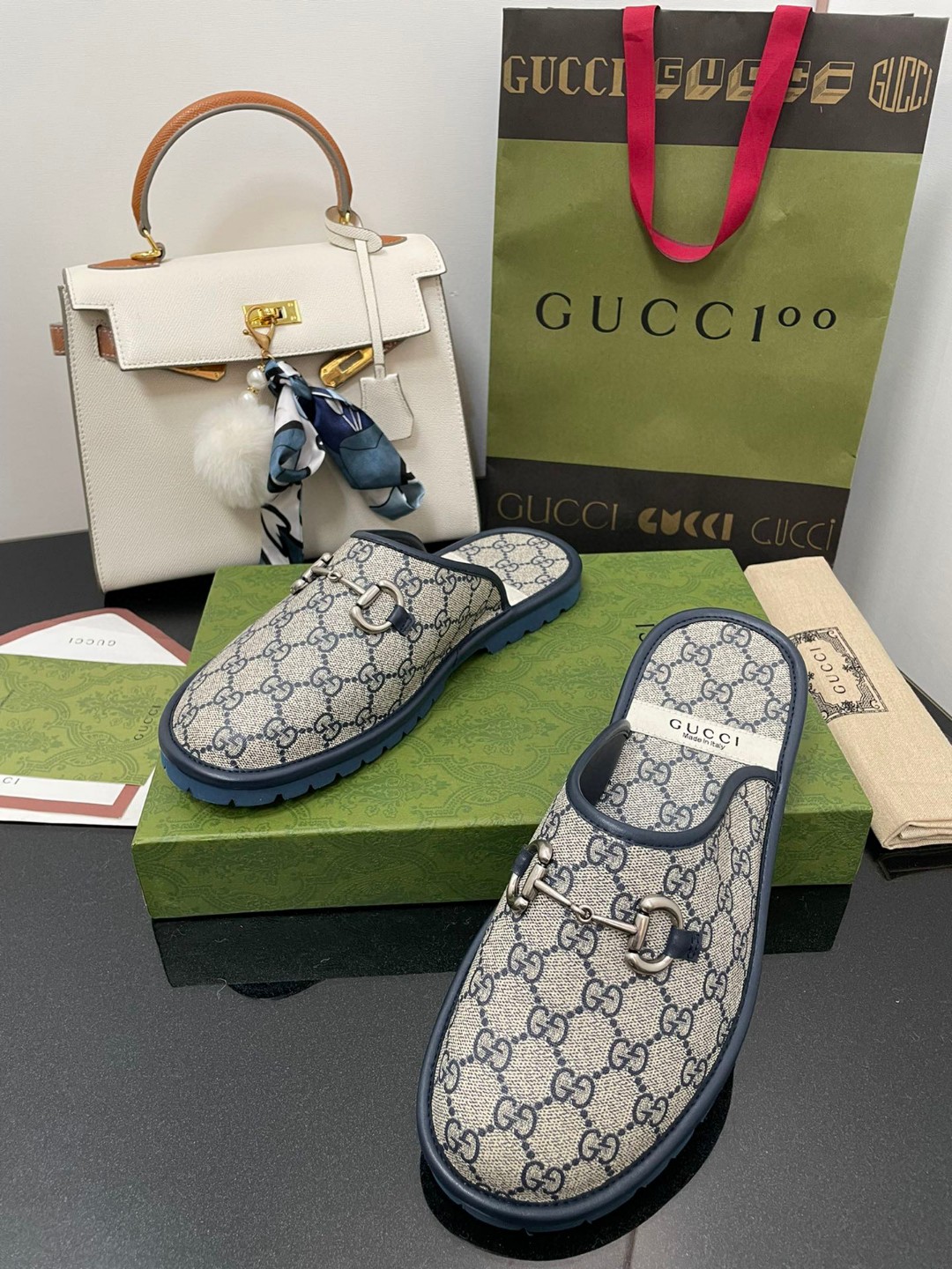 Gvc*1 Men’s GG Slipper With Horsebit Blue For Men GG Shoes 694249 96G60 4073