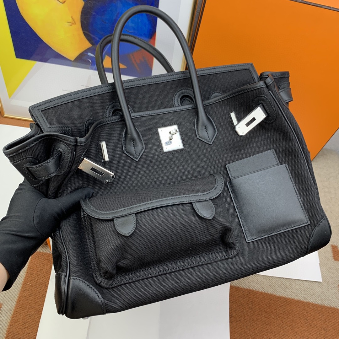 H**me5 Birkin Cargo 35 Black, SIlver Toned Hardware Bag For Women, Women’s Handbags, Shoulder Bags 13.8in/35cm