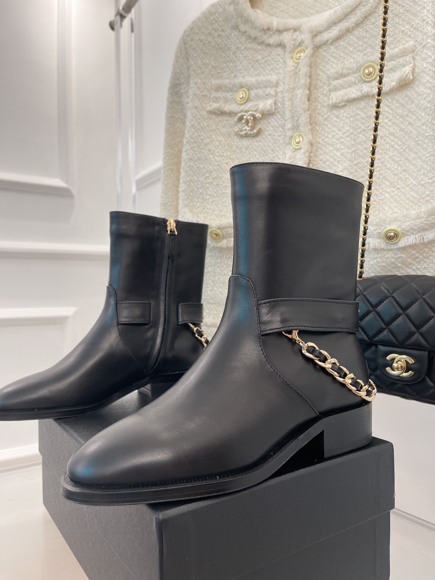 Ch**el Women’s Ankle Boots With Chain Black For Women 1.5in/4cm