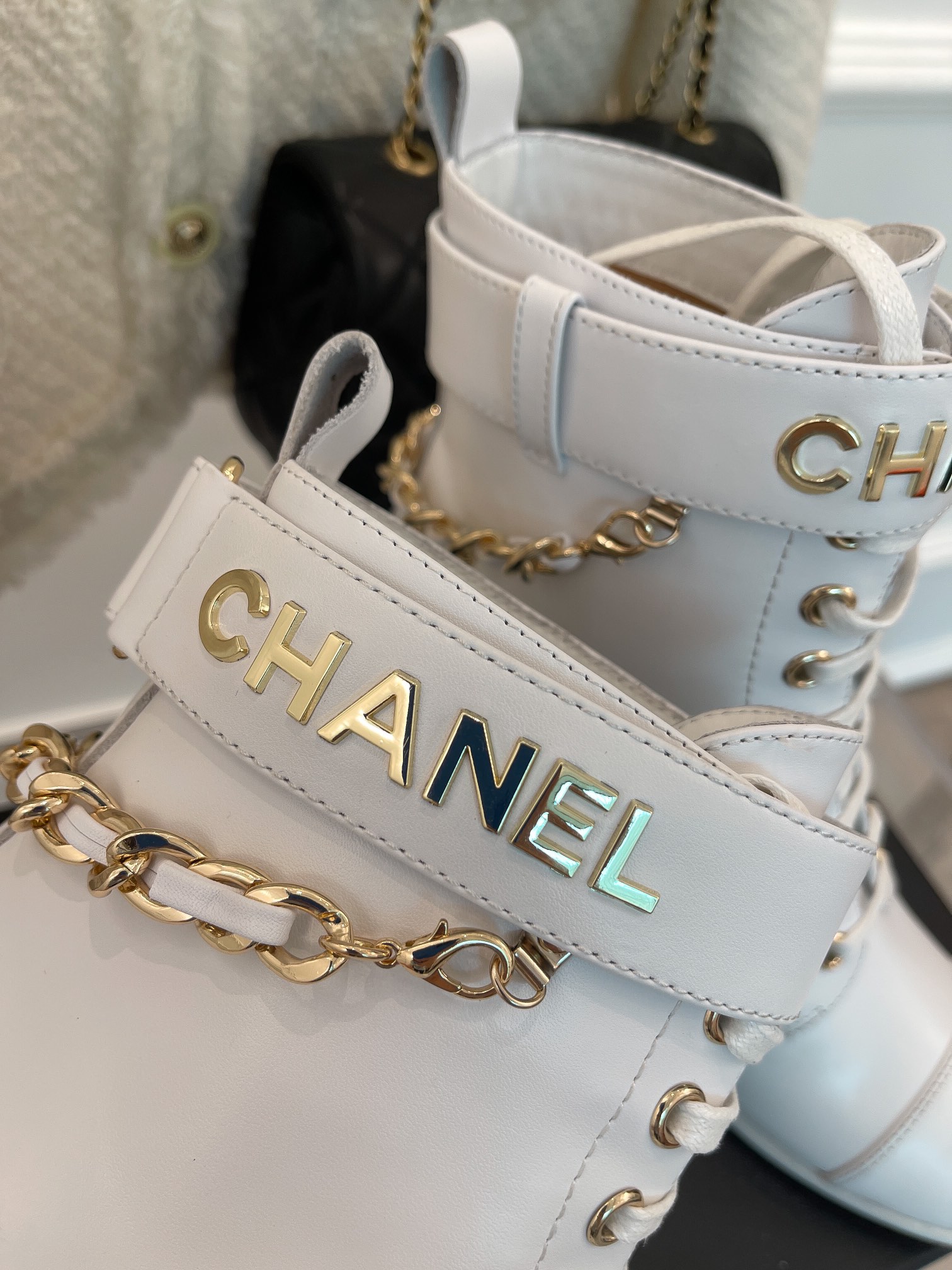 Ch**el Women’s Lace-Up With Chain White For Women 3.7in/9.5cm