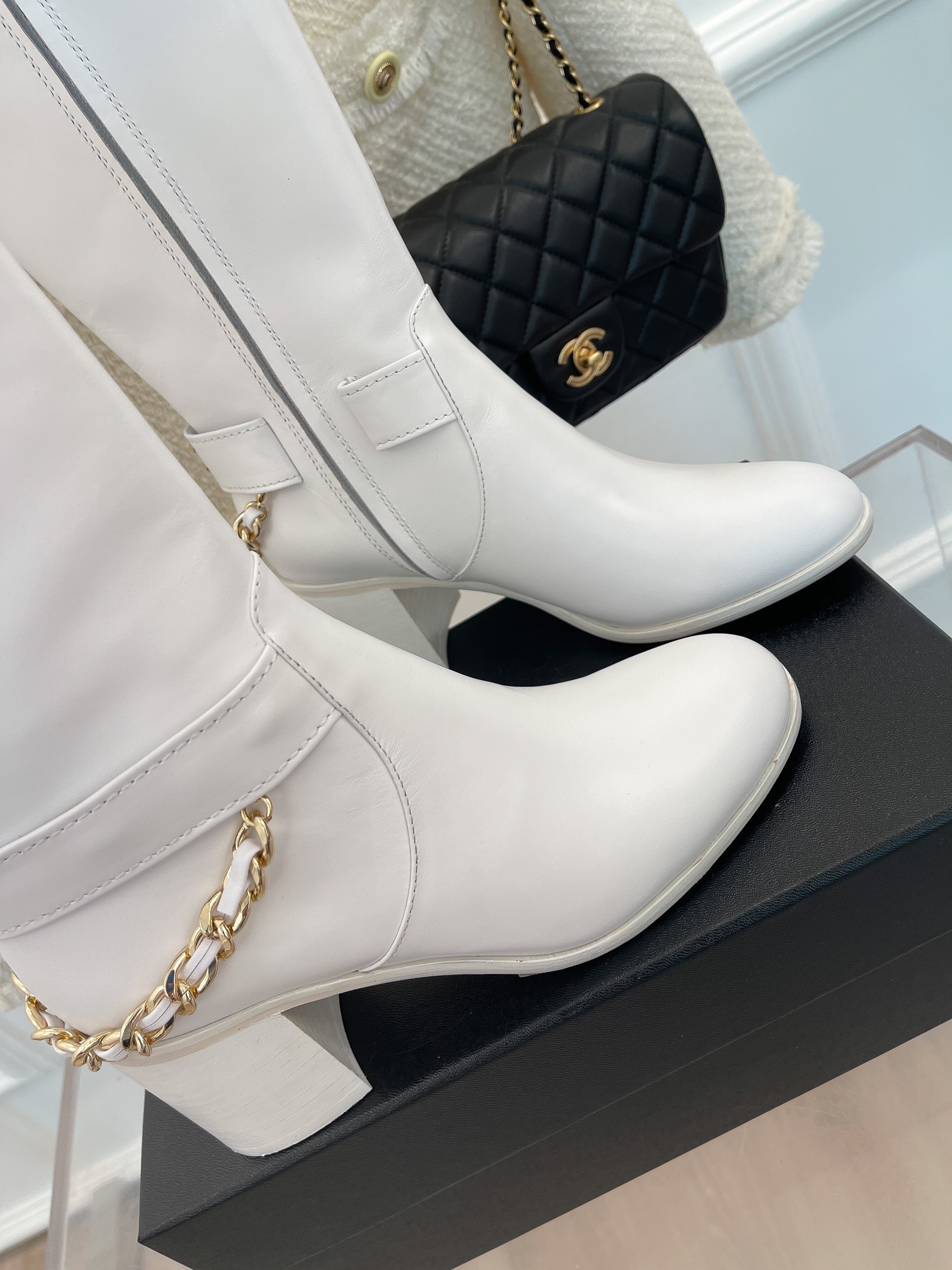 Ch**el Women’s High Boots With Chain White For Women 3.7in/ 9.5cm