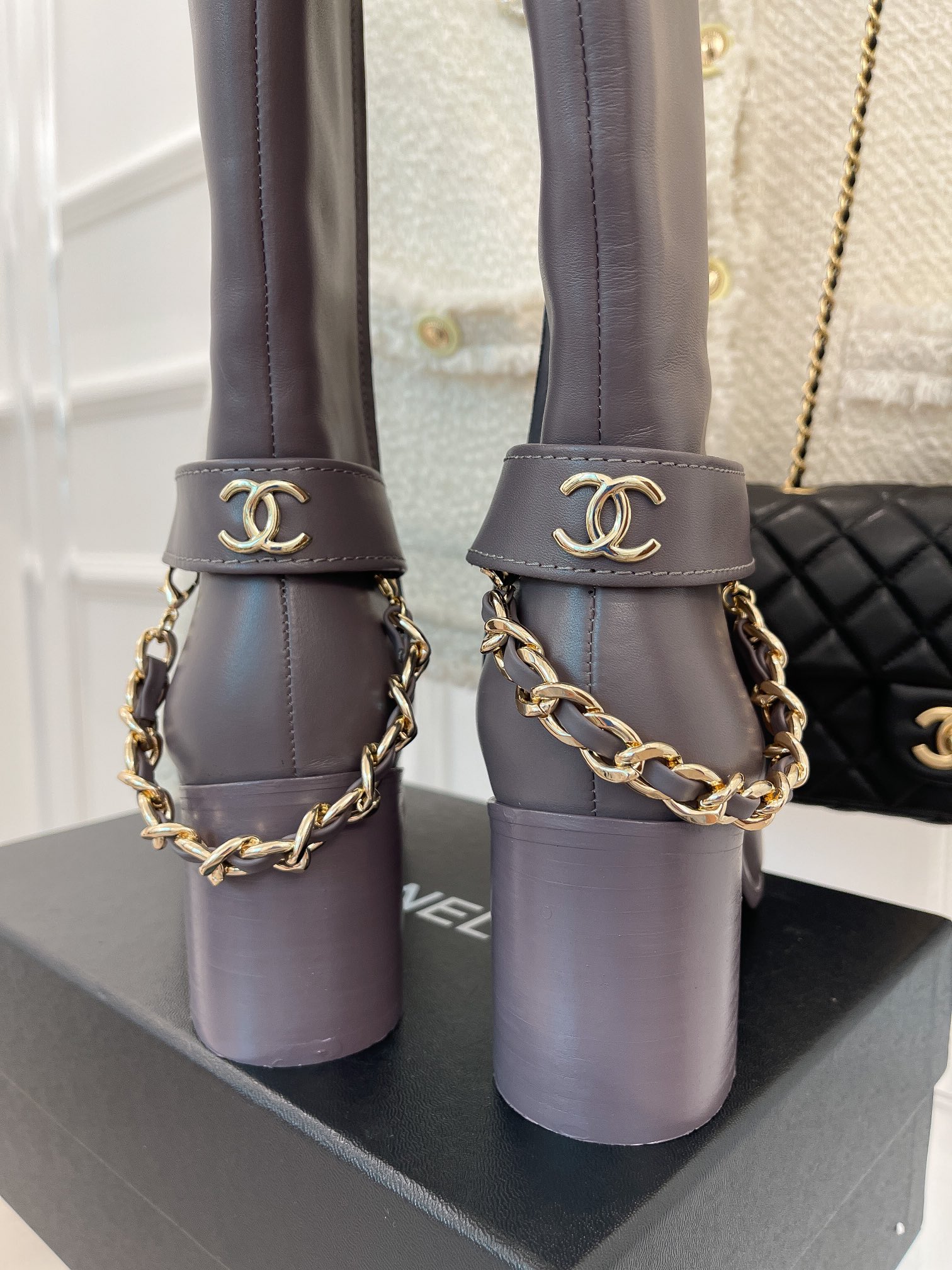Ch**el Women’s High Boots With Chain Light Violet For Women 3.7in/ 9.5cm